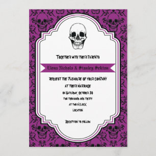 Skulls damask purple, black Halloween wedding Invitation