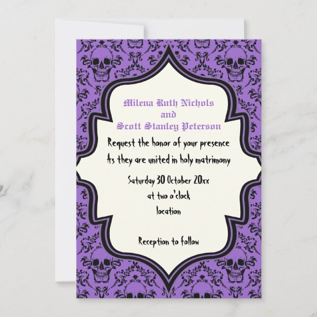 Skulls damask purple black Halloween wedding Invitation (Front)