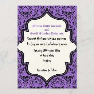 Skulls damask purple black Halloween wedding Invitation