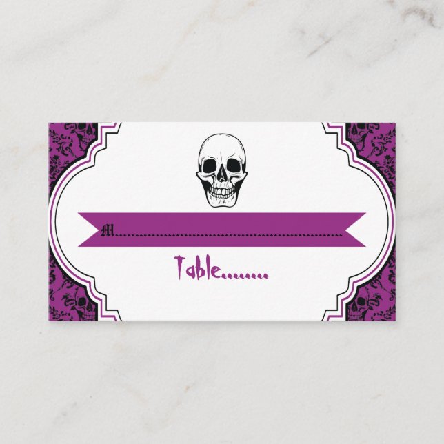 Skulls damask purple, black wedding place card (Front)