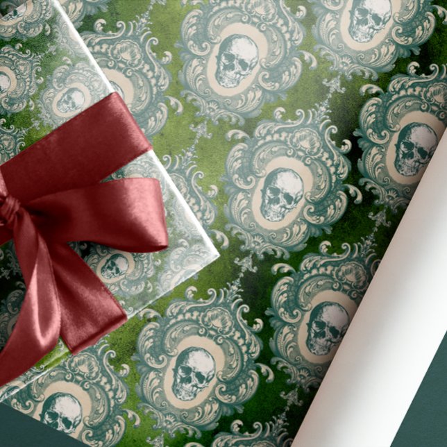 SKULLS EMEBELLISHMENT garland gothic Victorian  Wrapping Paper (SHADES OF GREEN VELVET LUXURY GOTHIC GLAM CHRISTMAS VICTORIAN AGE INSPIRED RETRO)