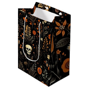 Skulls Flowers and Greenery Black Halloween Medium Gift Bag