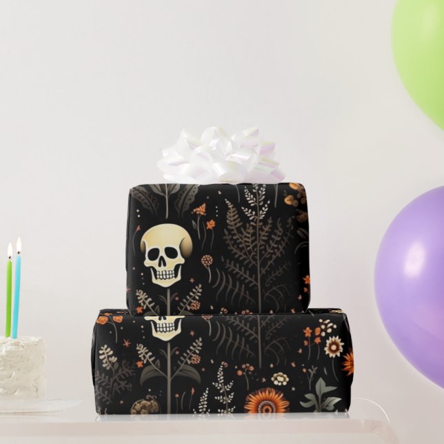 Skulls Flowers and Greenery Black Halloween Wrapping Paper (Party Gifts)