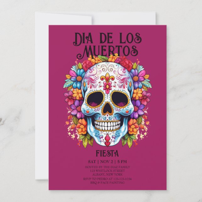 Skulls Flowers Magenta Dia de los Muertos Party Invitation (Front)
