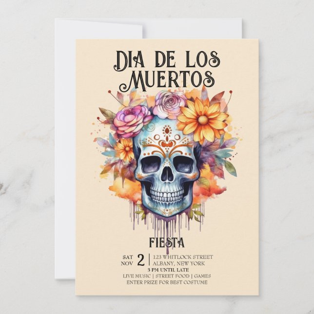 Skulls Flowers Pink Dia de los Muertos Party Invitation (Front)