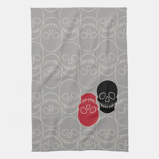 Skulls - Ghost Grey and Bone White Tea Towel (Vertical)