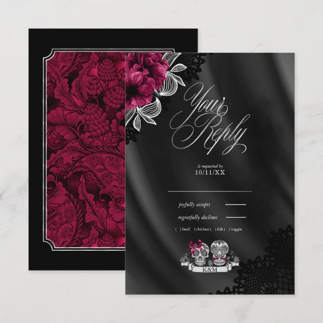 Skulls Gothic Wedding Burgundy ID866 RSVP Card (Front/Back)