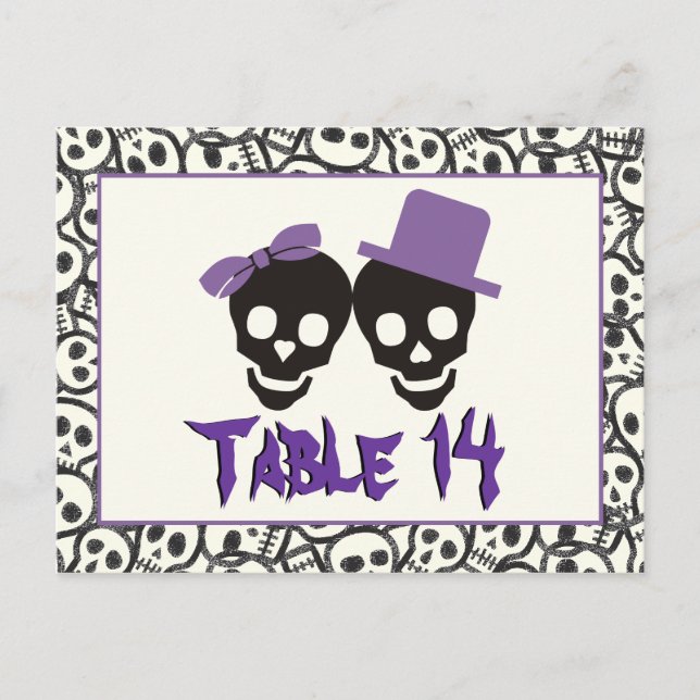 Skulls Halloween purple black wedding table number Postcard (Front)