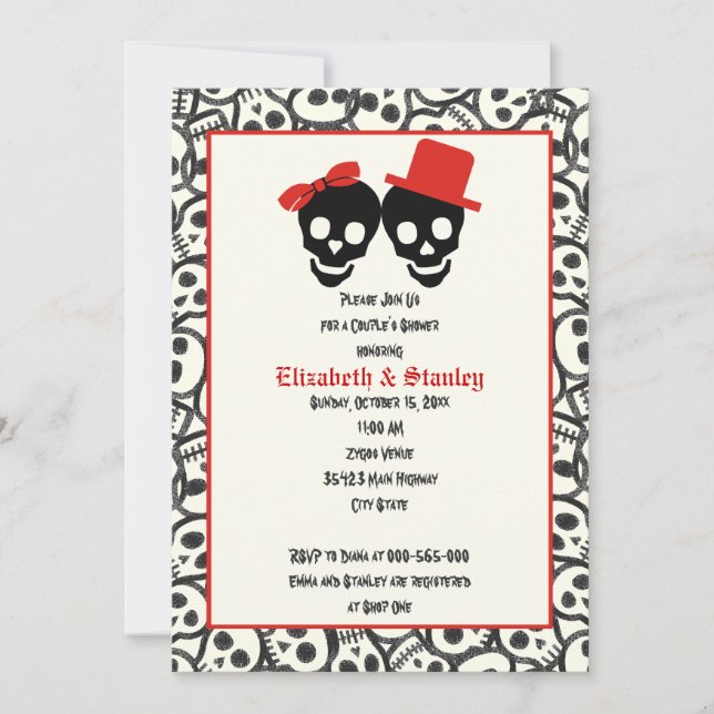 Skulls Halloween red black wedding couple's shower Invitation (Front)