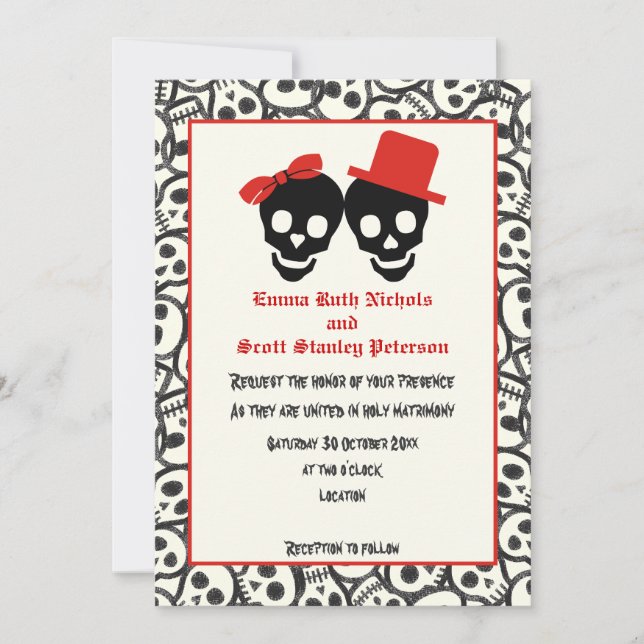 Skulls Halloween red black wedding invitation (Front)