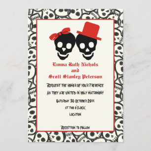 Skulls Halloween red black wedding invitation