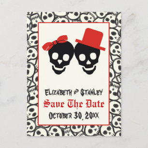 Skulls Halloween red black wedding Save the Date Announcement Postcard