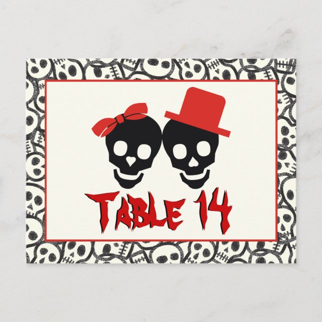 Skulls Halloween red black wedding table number Postcard (Front)