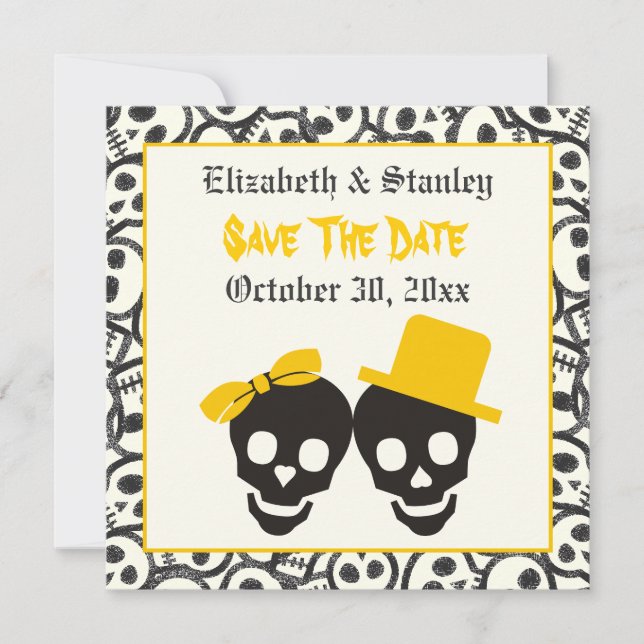 Skulls Halloween yellow wedding Save the Date (Front)