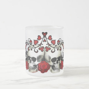 Skulls, Hearts And Roses Frosted Glass Coffee Mug