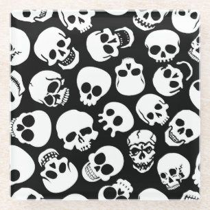 Skulls in Black Background Pattern Glass Coaster