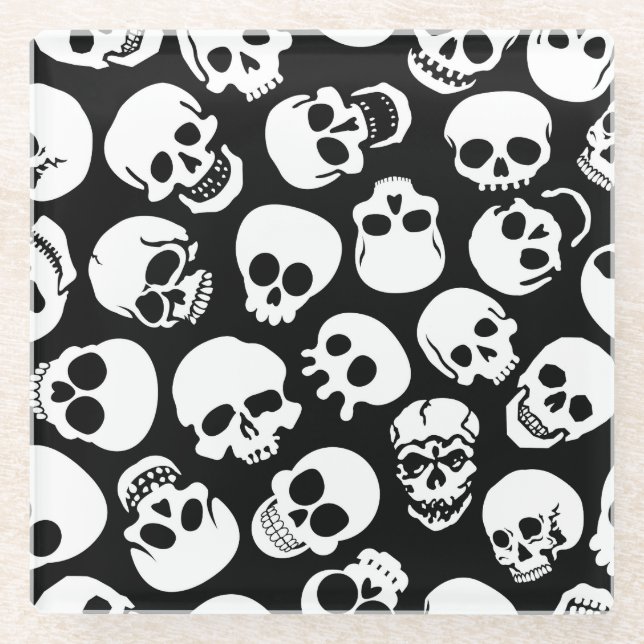 Skulls in Black Background Pattern Glass Coaster (Front)