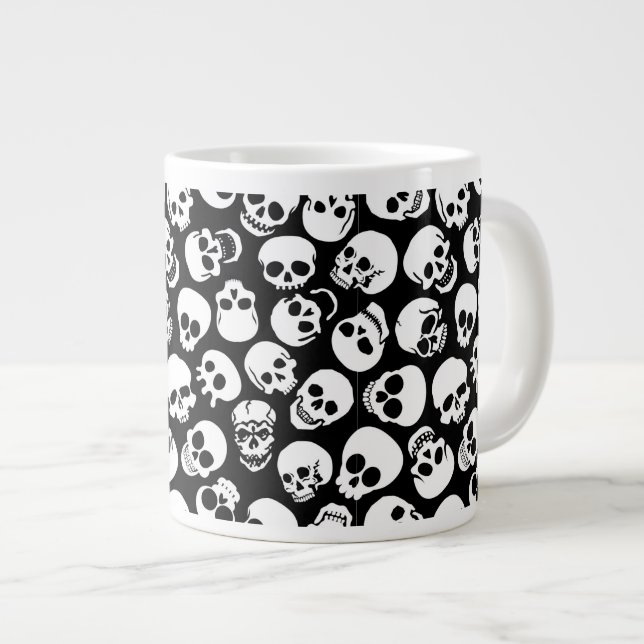 Skulls in Black Background Pattern Large Coffee Mug (Front Right)