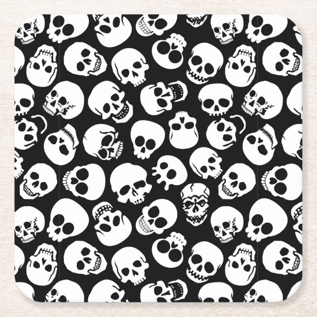 Skulls in Black Background Pattern Square Paper Coaster (Front)