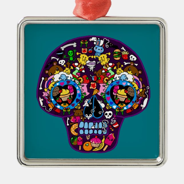 SKULLS - Kawaii Doodle Sugar Art by LeahG Metal Tree Decoration (Front)
