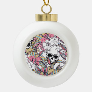 Skulls Lily Flowers: Boho Vintage. Ceramic Ball Christmas Ornament
