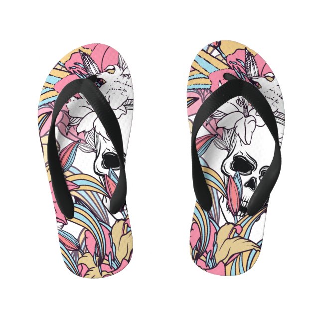 Skulls Lily Flowers: Boho Vintage. Kid's Flip Flops (Footbed)