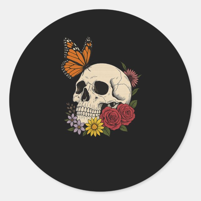 Skulls Monarch Butterfly Flowers Halloween Men Wom Classic Round Sticker (Front)