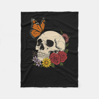 Skulls Monarch Butterfly Flowers Halloween Men Wom Fleece Blanket