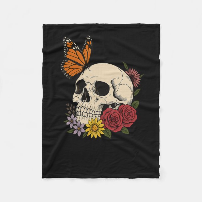 Skulls Monarch Butterfly Flowers Halloween Men Wom Fleece Blanket (Front)