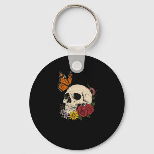 Skulls Monarch Butterfly Flowers Halloween Men Wom Key Ring