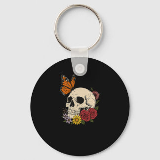 Skulls Monarch Butterfly Flowers Halloween Men Wom Key Ring