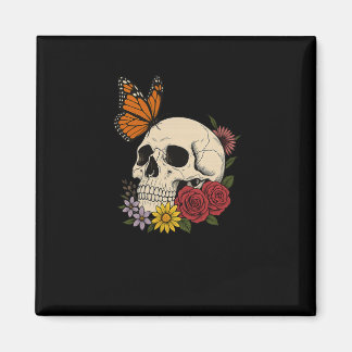Skulls Monarch Butterfly Flowers Halloween Men Wom Magnet