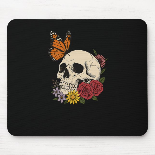 Skulls Monarch Butterfly Flowers Halloween Men Wom Mouse Mat (Front)