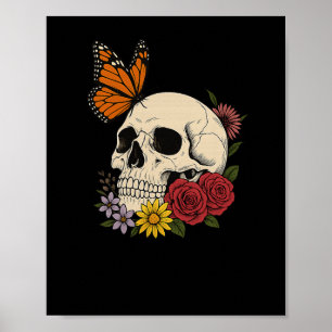Skulls Monarch Butterfly Flowers Halloween Men Wom Poster