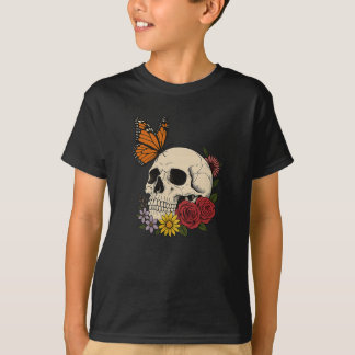 Skulls Monarch Butterfly Flowers Halloween Men Wom T-Shirt