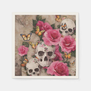 Skulls Pink Roses And Monarch Butterflies Napkin