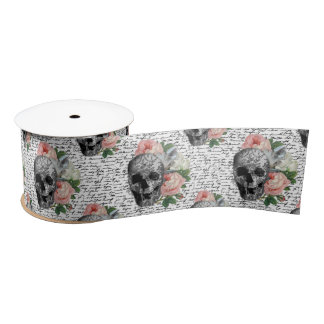 Skulls & Pink Roses Satin Ribbon