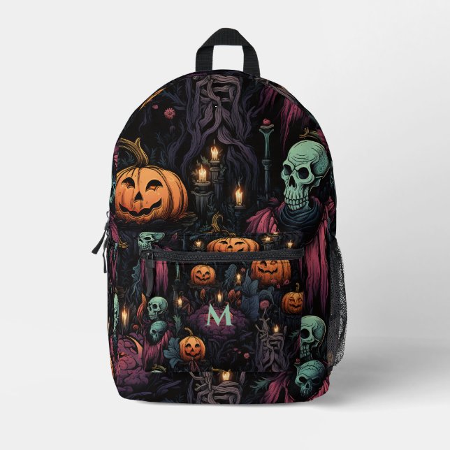 Skulls Pumpkins Black Gothic Printed Backpack (Front)