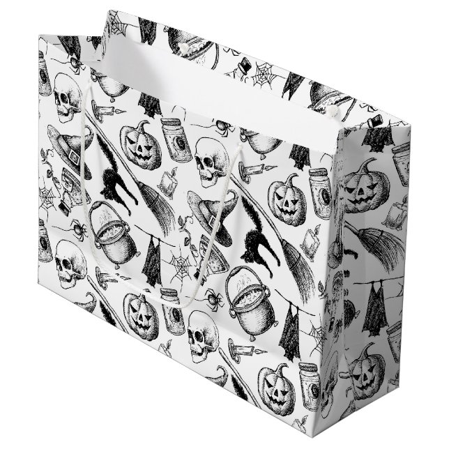 Skulls Pumpkins Broomsticks Bats Halloween Large Gift Bag (Front Angled)