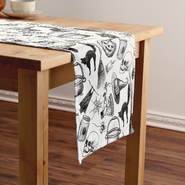 Skulls Pumpkins Broomsticks Bats Halloween Short Table Runner (In Situ)