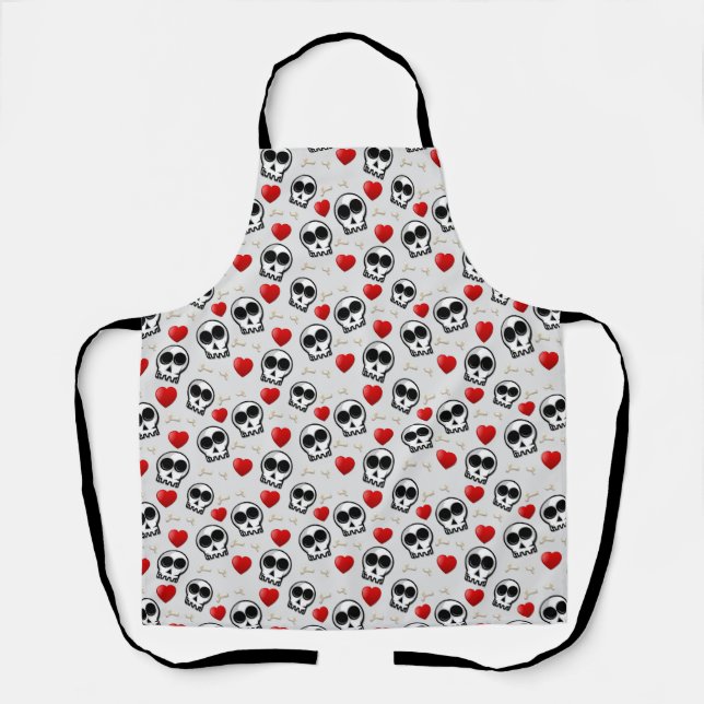 Skulls & Red Hearts Halloween Pattern Apron (Front)