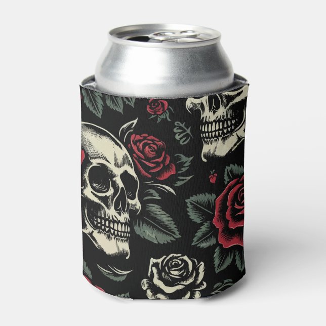 Skulls & Red Roses Gothic Floral  Can Cooler (Can Front)