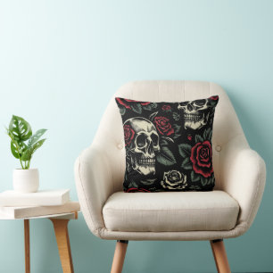 Skulls & Red Roses Gothic Floral  Cushion