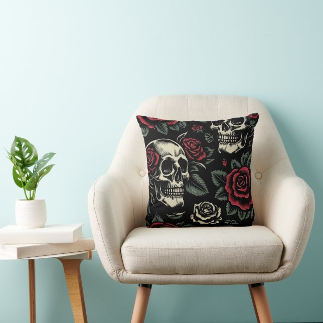 Skulls & Red Roses Gothic Floral  Cushion (Chair)