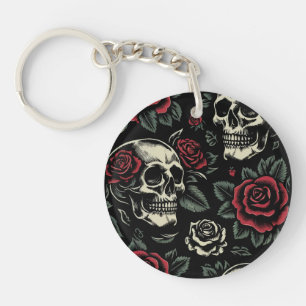 Skulls & Red Roses Gothic Floral Key Ring