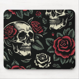 Skulls & Red Roses Gothic Floral Mouse Mat
