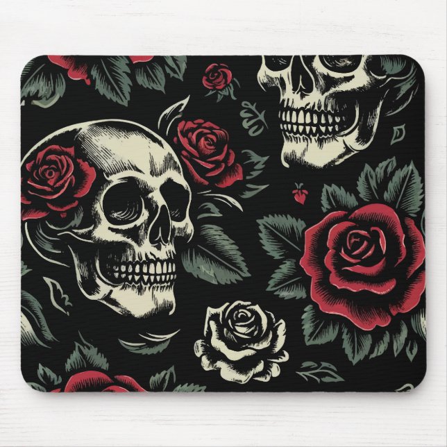 Skulls & Red Roses Gothic Floral  Mouse Mat (Front)
