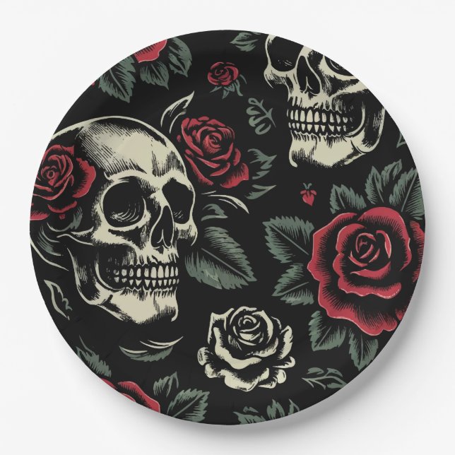 Skulls & Red Roses Gothic Floral  Paper Plate (Front)