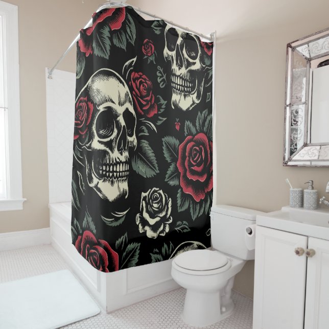 Skulls & Red Roses Gothic Floral  Shower Curtain (In Situ)