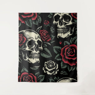 Skulls & Red Roses Gothic Floral  Tapestry
